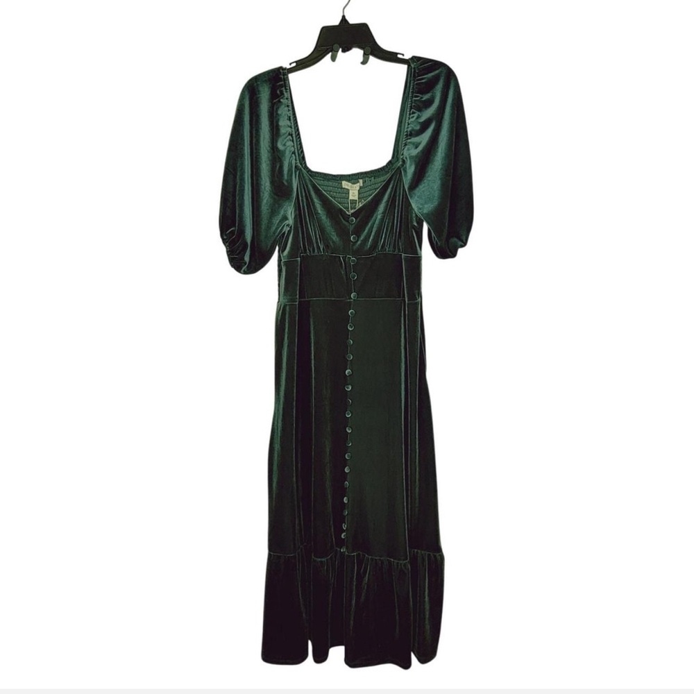 REPOP! Chelsea & Violet Green Velvet Babydoll Puff Sleeves Ruffle Hem Fairycore